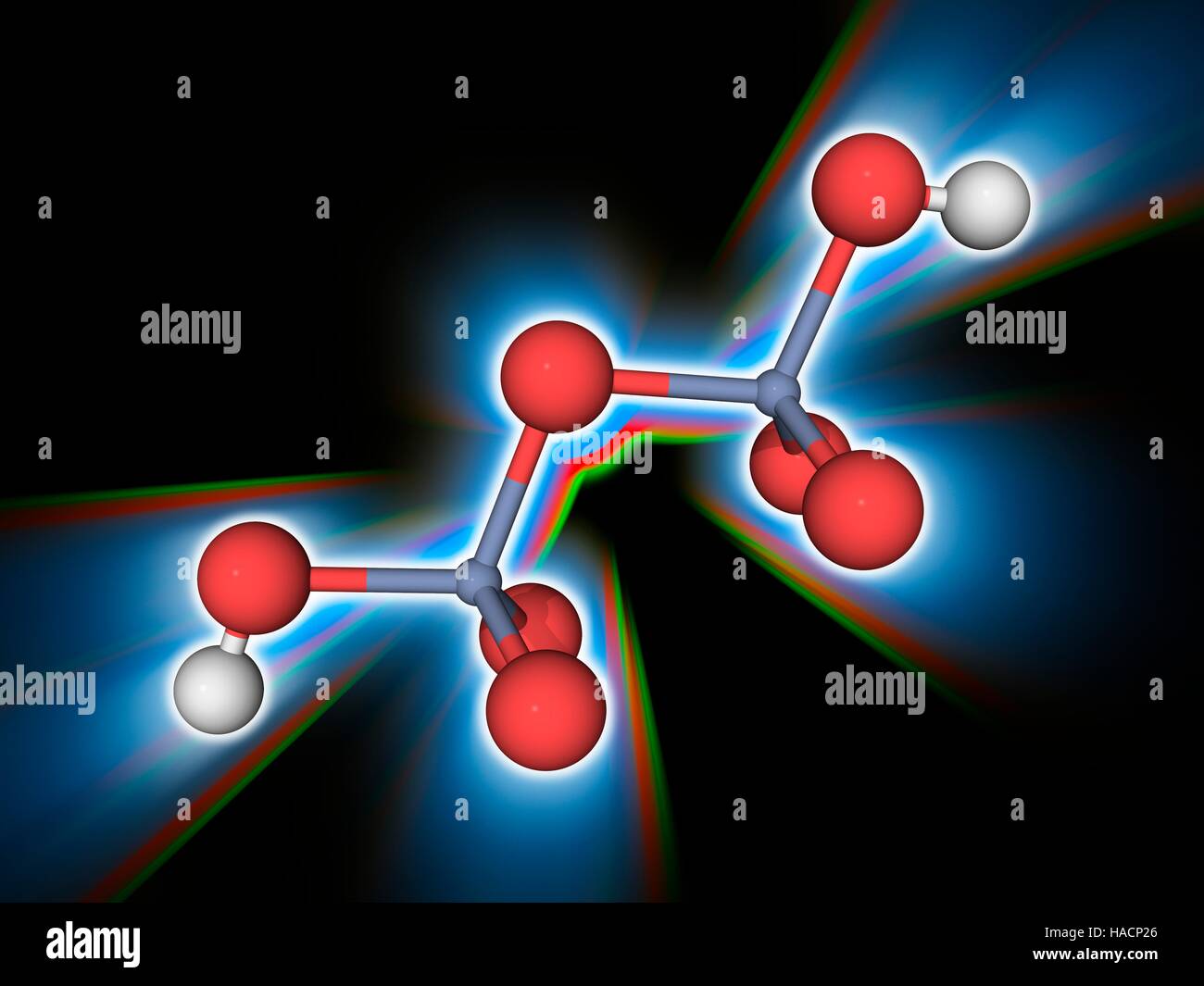 Dichromic acid. Molecular model of the strong acid and corrosive oxidizing agent dichromic acid (H2.Cr2.O7). Formed in mixtures of chromic acid, this is the fully protonated form of the dichromate ion. Uses of chromic acid include cleaning glass and as an oxidising agent in organic chemistry. Atoms are represented as spheres and are colour-coded: chromium (grey), hydrogen (white) and oxygen (red). Illustration. Stock Photo