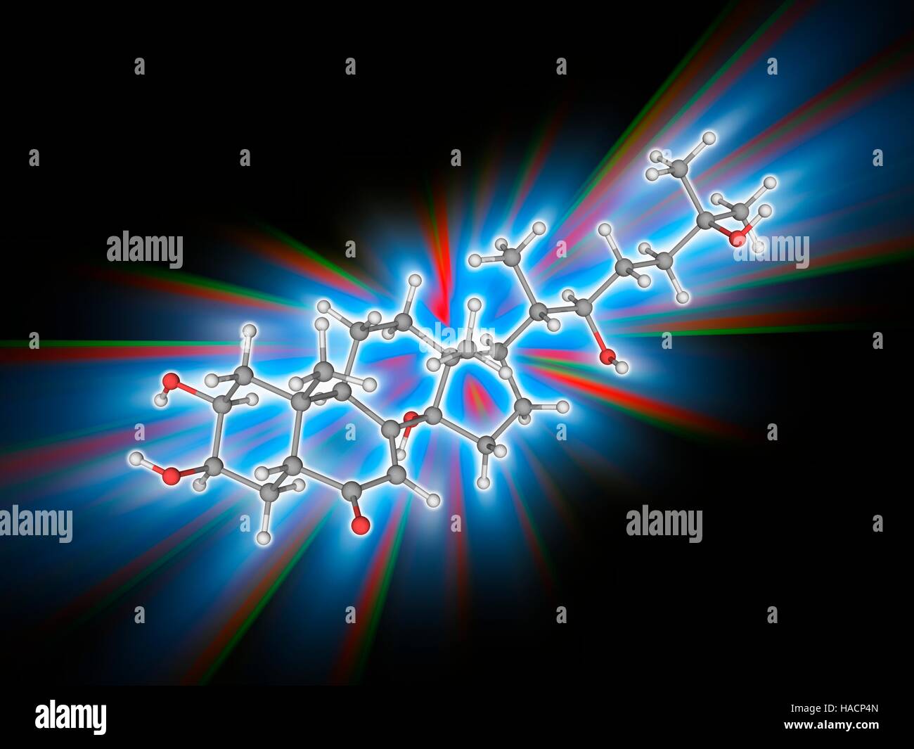 Ecdysone. Molecular model of the steroidal prohormone ecdysone (C27.H44.O6). This is precursor of the major insect moulting hormone ecdysterone (20-hydroxyecdysone). Atoms are represented as spheres and are colour-coded: carbon (grey), hydrogen (white) and oxygen (red). Illustration. Stock Photo