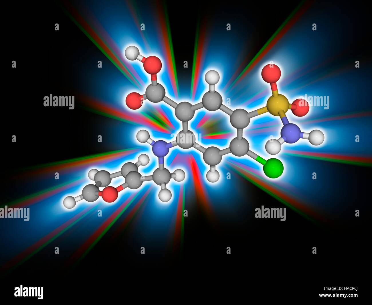 Furosemide. Molecular model of the drug furosemide (C12.H11.Cl.N2.O5.S), a loop diuretic used in the treatment of congestive heart failure and oedema. Atoms are represented as spheres and are colour-coded: carbon (grey), hydrogen (white), nitrogen (blue), oxygen (red), chlorine (green) and sulphur (yellow). Illustration. Stock Photo