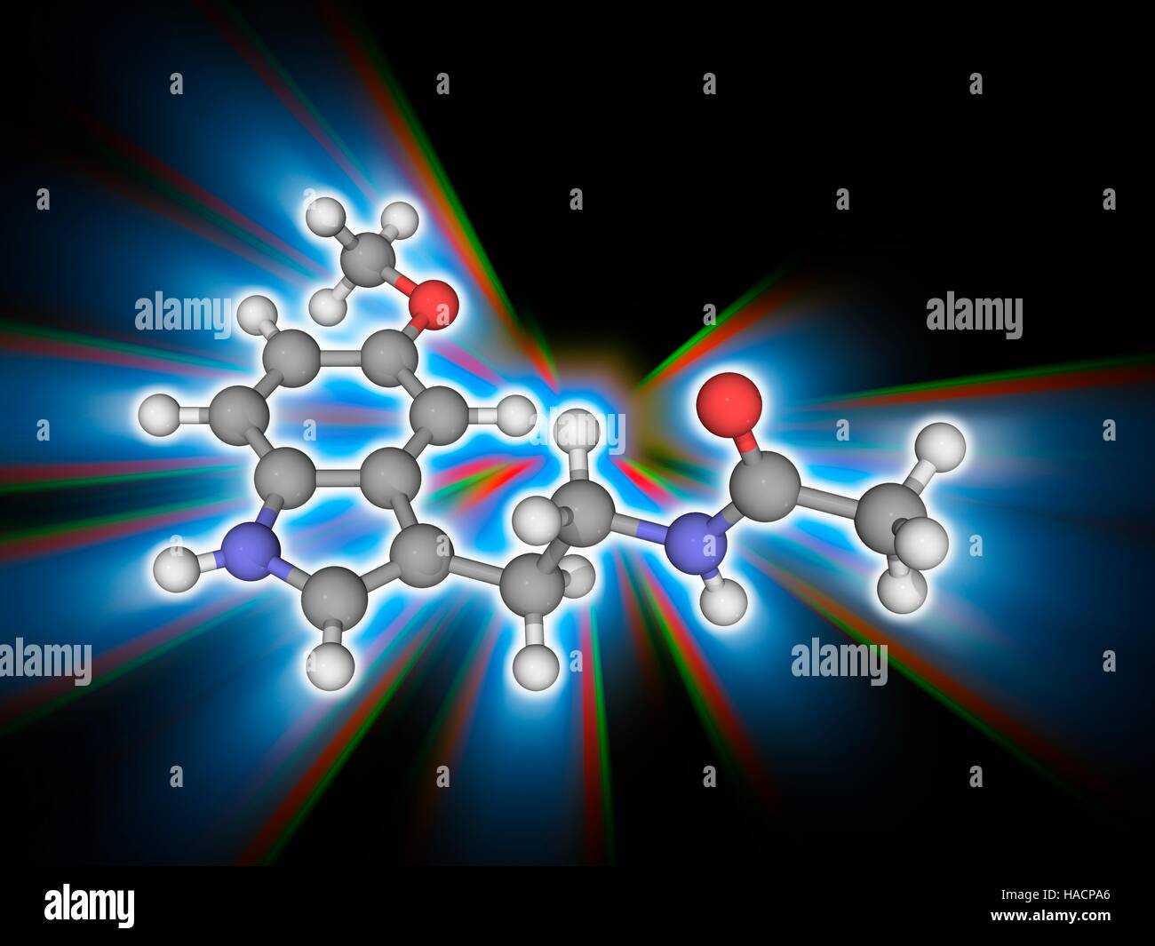 Melatonin. Molecular model of the hormone melatonin (C13.H16.N2.O2), a naturally occurring compound found in animals, plants and microbes. Its effects in animals include sleep timing, blood pressure regulation, and seasonal reproduction. Atoms are represented as spheres and are colour-coded: carbon (grey), hydrogen (white), nitrogen (blue) and oxygen (red). Illustration. Stock Photo