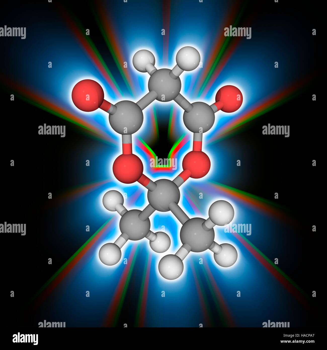 Meldrum's acid. Molecular model of the highly acidic organic compound Meldrum's acid (C6.H8.O4). At high temperatures, this chemical (a lactone and a dioxane) is used to produce ketene intermediates useful for synthetic chemists. Atoms are represented as spheres and are colour-coded: carbon (grey), hydrogen (white) and oxygen (red). Illustration. Stock Photo