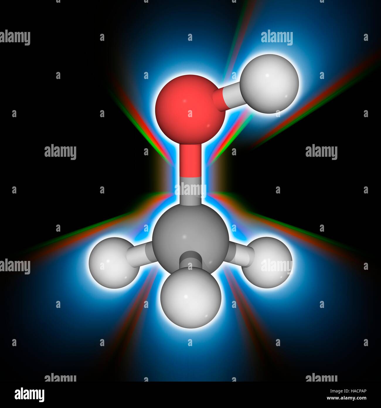 Methanol. Molecular model of the organic compound and alcohol methanol (C.H4.O), also known as methyl alcohol. This compound is a light, volatile colourless and flammable liquid. It is used as an antifreeze, solvent, fuel and as a denaturant for ethanol (added to make the ethanol unfit for human consumption). Atoms are represented as spheres and are colour-coded: carbon (grey), hydrogen (white) and oxygen (red). Illustration. Stock Photo