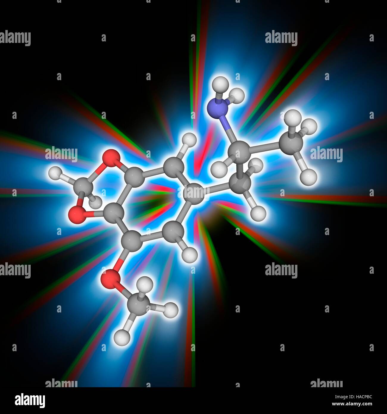 Molecular model of the psychedelic drug MMDA (C11.H15.N.O3), also known ...
