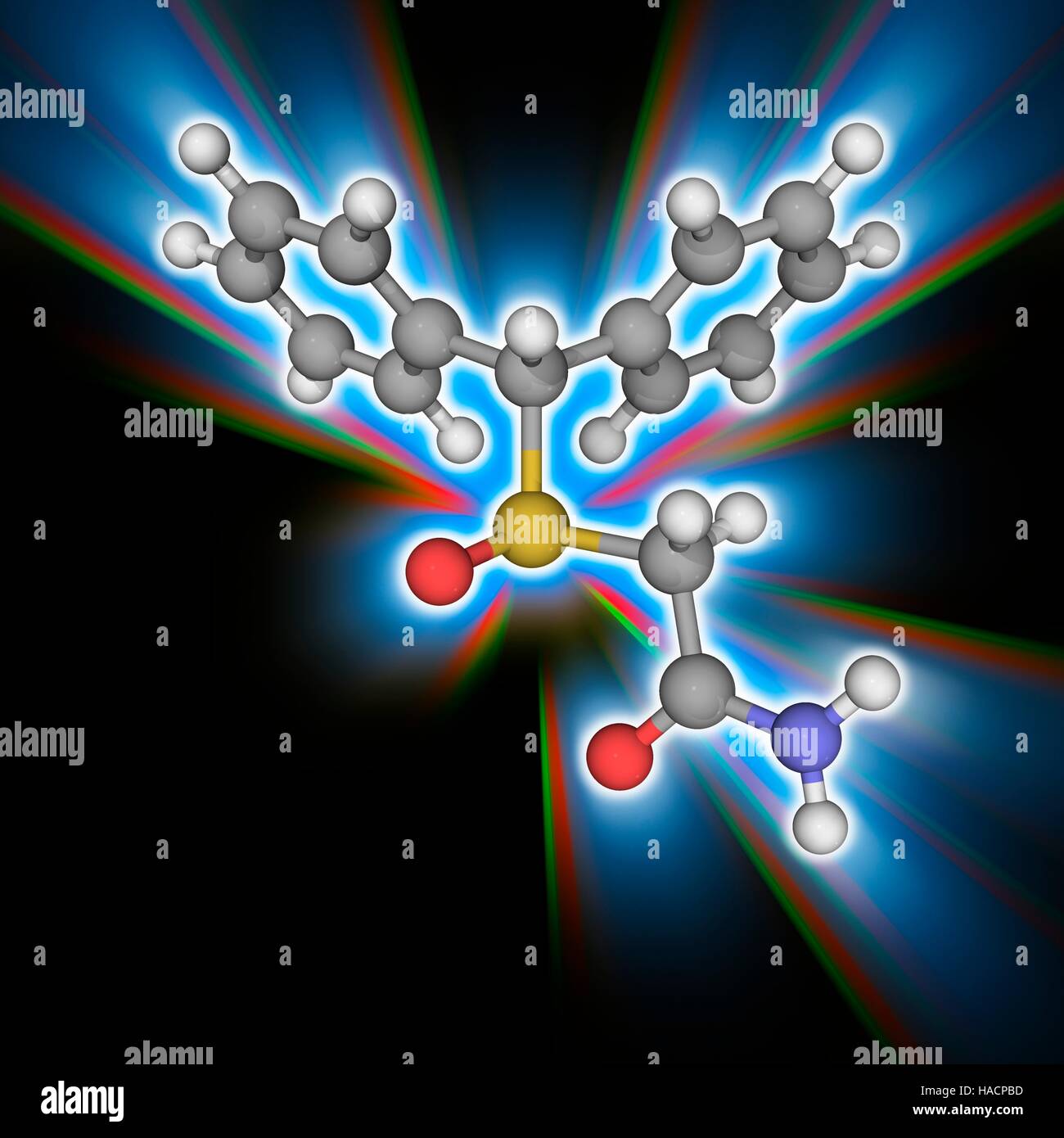 O2 Antibiotic Modafinil. Molecular model of the drug modafinil (C15.H15.N.O2.S), used ...