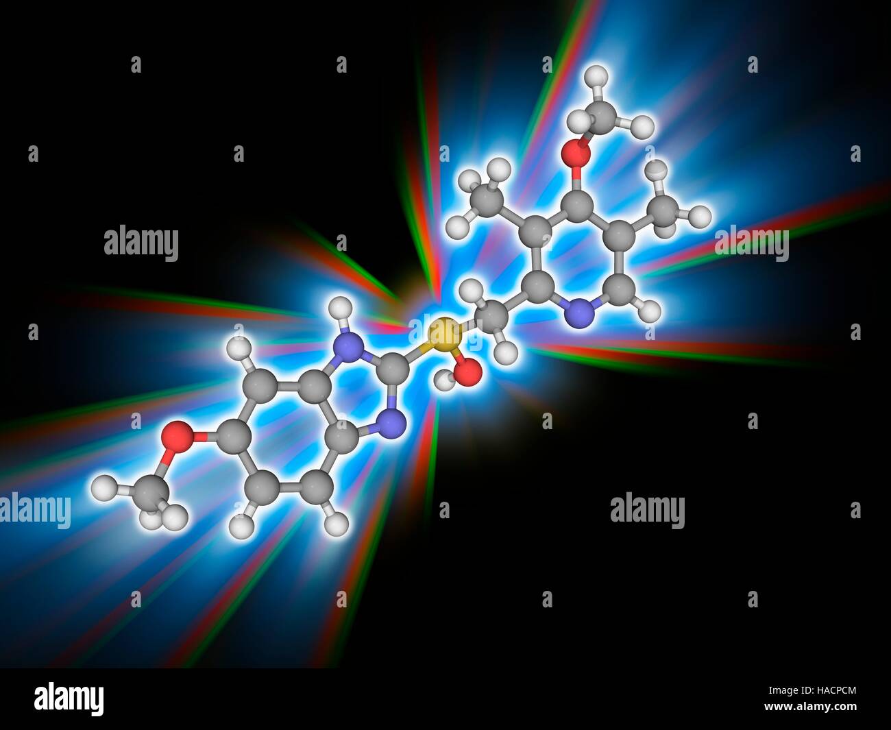 Omeprazole. Molecular model of the drug omeprazole (C17.H19.N3.O3.S), a proton pump inhibitor used in the treatment of dyspepsia, peptic ulcer disease and gastric reflux. Atoms are represented as spheres and are colour-coded: carbon (grey), hydrogen (white), nitrogen (blue), oxygen (red) and sulphur (yellow). Illustration. Stock Photo