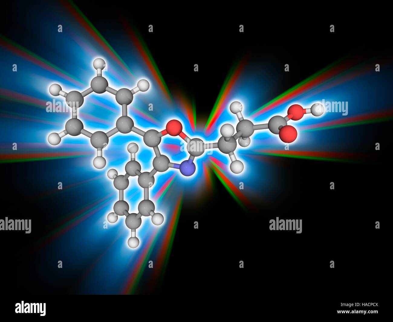 Oxaprozin. Molecular model of the non-steroidal anti-inflammatory drug oxaprozin (C18.H15.N.O3), used to relieve inflammation, swelling, stiffness and joint pain in patients with arthritis. Atoms are represented as spheres and are colour-coded: carbon (grey), hydrogen (white), nitrogen (blue) and oxygen (red). Illustration. Stock Photo