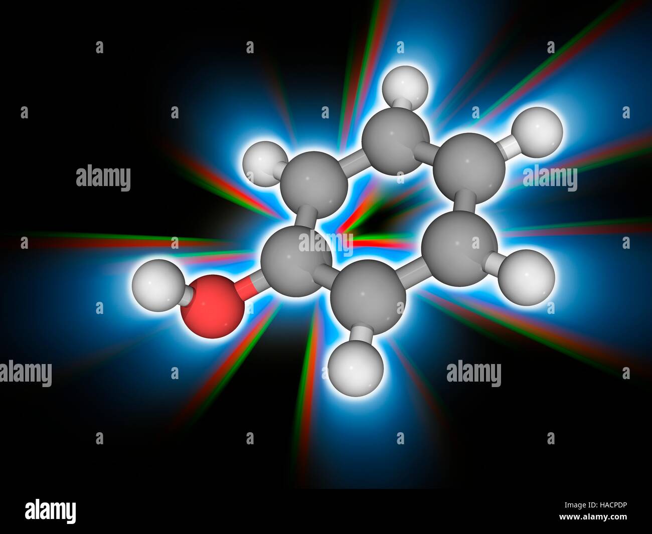 Phenol. Molecular model of the aromatic organic compound phenol (C6.H6