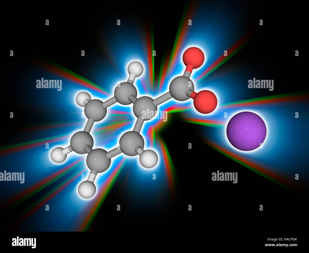 Sodium benzoate. Molecular model of sodium benzoate (C7.H5.Na.O2), the sodium salt of benzoic acid. This chemical is widely used as a food preservative (E211). Atoms are represented as spheres and are colour-coded: carbon (grey), hydrogen (white), oxygen (red) and sodium (violet). Illustration. Stock Photo