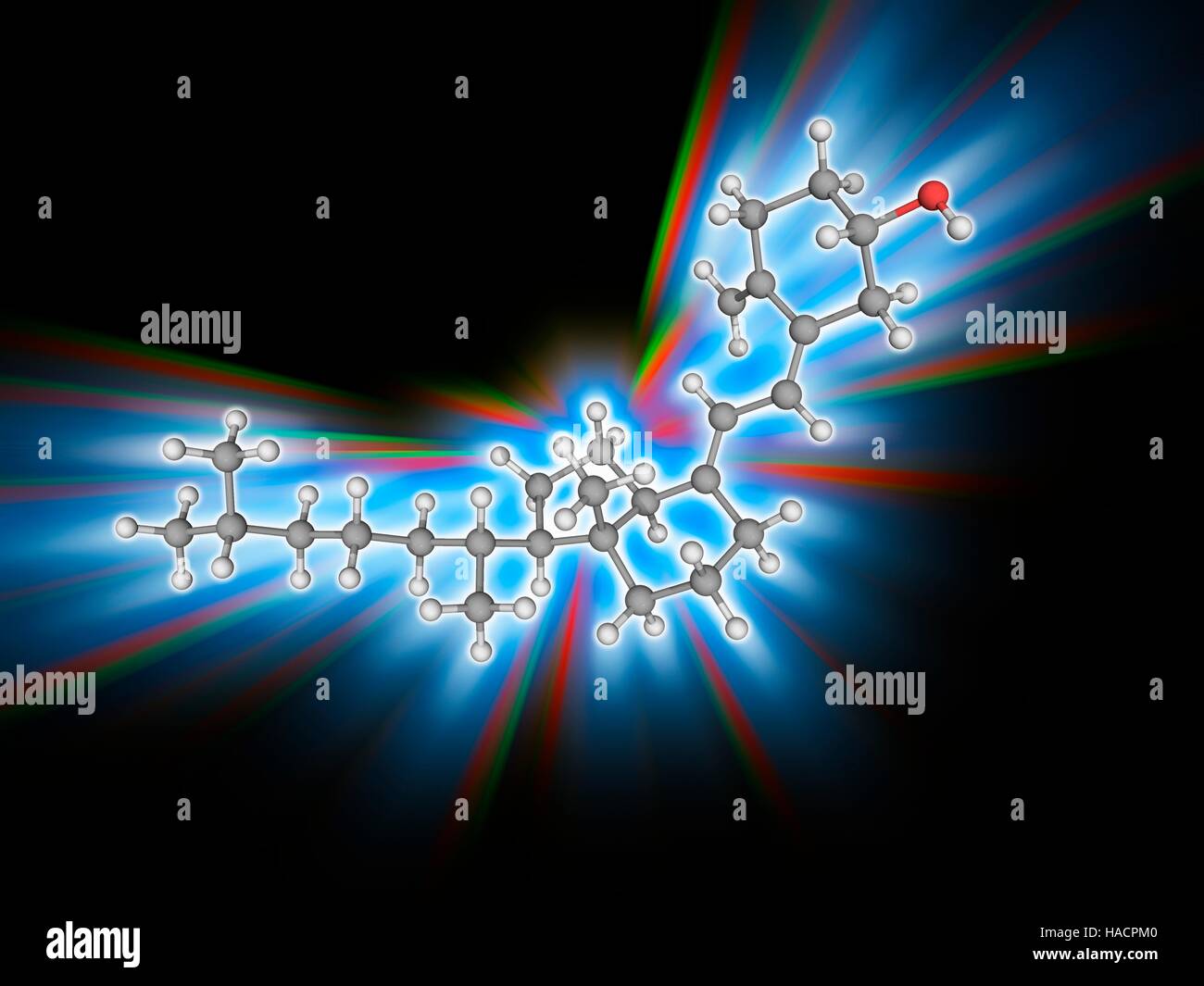 Vitamin D3. Molecular model of cholecalciferol (C27.H44.O), also known as vitamin D3 and toxiferol. This vitamin (actually a prehormone) can be synthesized in the body when sun exposure is adequate. The active form, calcitriol, regulates the synthesis of hundreds of enzymes. Atoms are represented as spheres and are colour-coded: carbon (grey), hydrogen (white) and oxygen (red). Illustration. Stock Photo