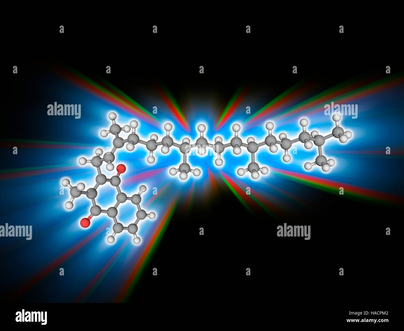 Vitamin K1. Molecular model of phylloquinone (C31.H46.O2), also known