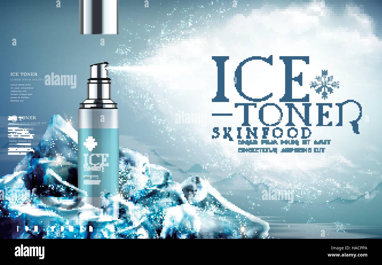 ice toner contained in light blue spray bottle, mountain background and iceberg elements, 3d illustration Stock Vector