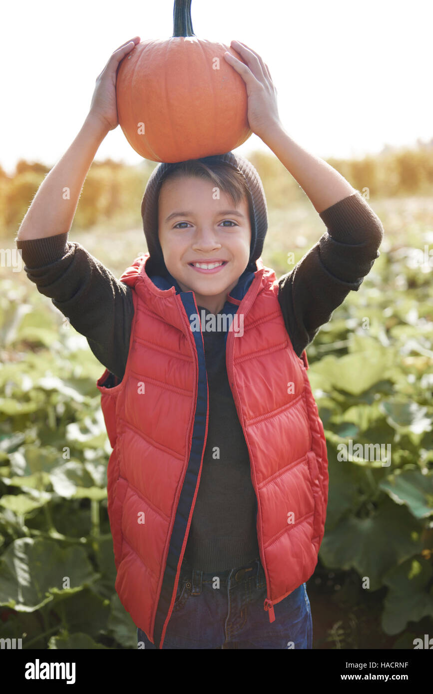 Funny boy holding pumpkin in the field Stock Photo - Alamy