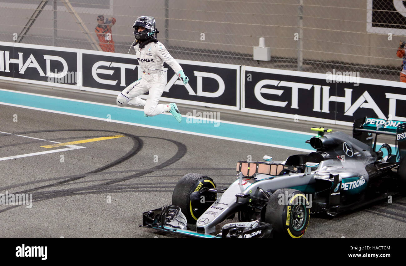 Mercedes' Nico celebrates winning the World Championship at the end of the Abu Dhabi Grand Prix at the Yas Marina Circuit, Abu Dhabi. PRESS Photo. Picture date: Sunday November 27,