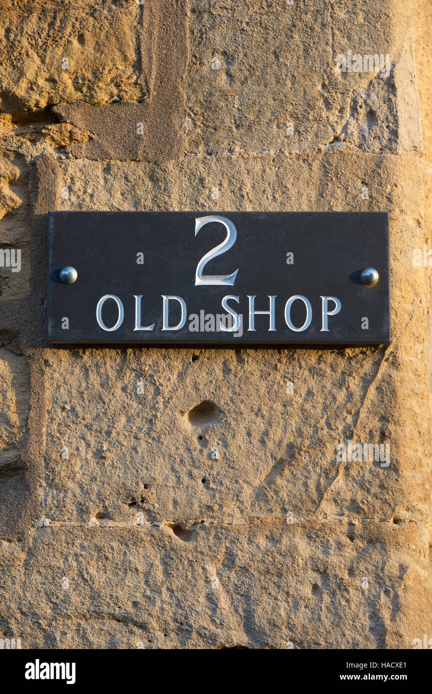 Old Shop House Sign. Longborough, Cotswolds, Gloucestershire, England Stock Photo