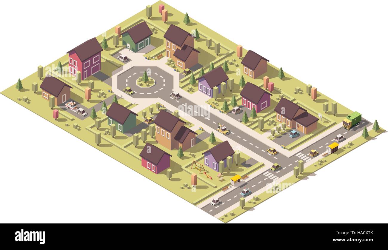 Vector isometric low poly suburb Stock Vector