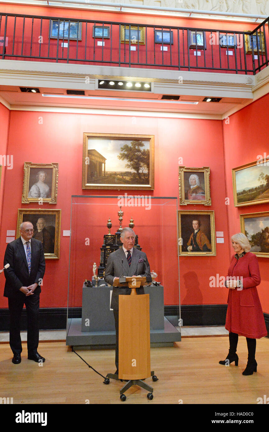 The Prince of Wales and the Duchess of Cornwall visit the University of Cambridge's Fitzwilliam Museum to mark its bicentenary and to celebrate the 600th anniversary of the Cambridge University Library. Stock Photo