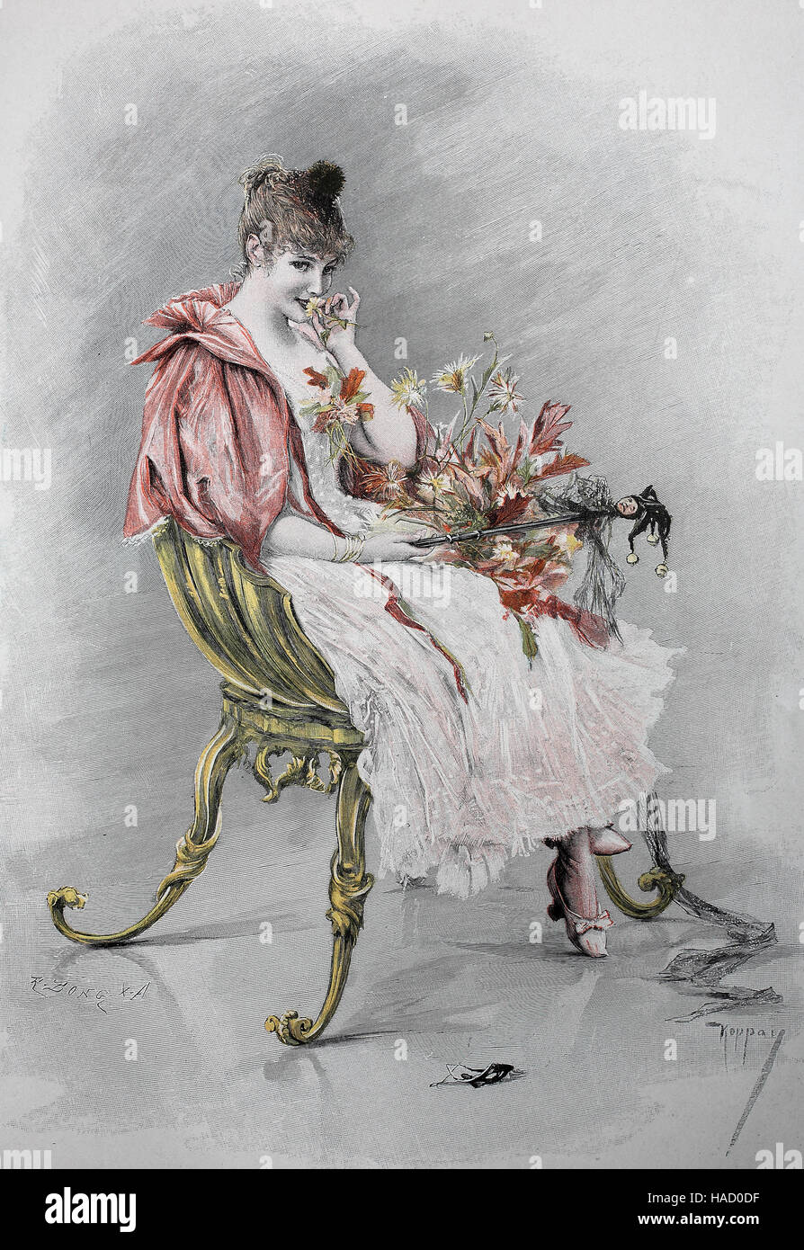 The ball queen, an elegant young woman as the winner of the dance contest, illustration published in 1880 Stock Photo