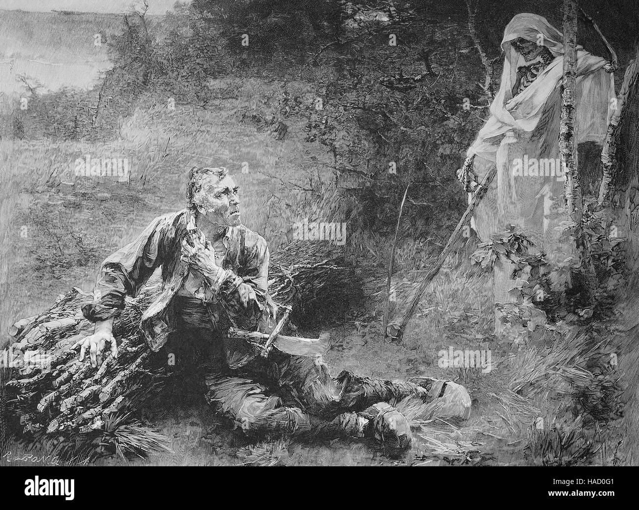 The Death and the Woodcutter, illustration published in 1880 Stock Photo
