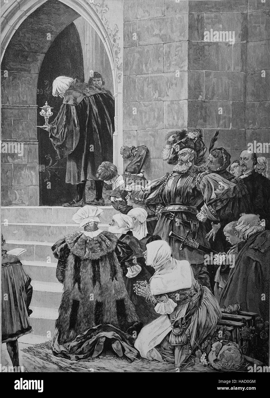 The Protestant Reformation, people standing infront of the church of Wittenberg, illustration published in 1880 Stock Photo