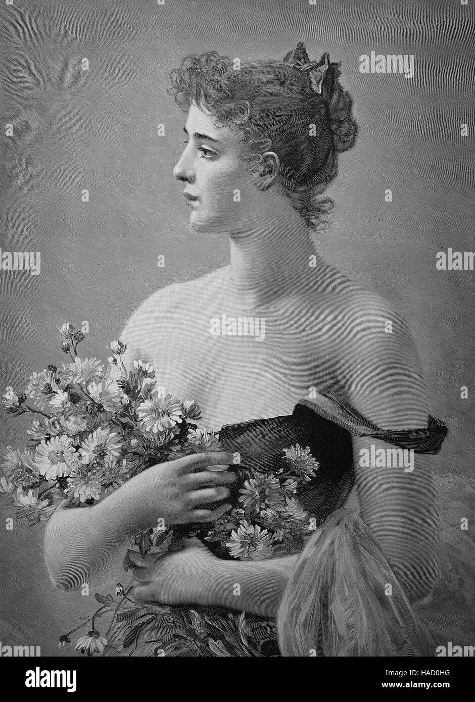 Young woman with a bouquet and a shoulder - free dress, 1880, illustration published in 1880 Stock Photo