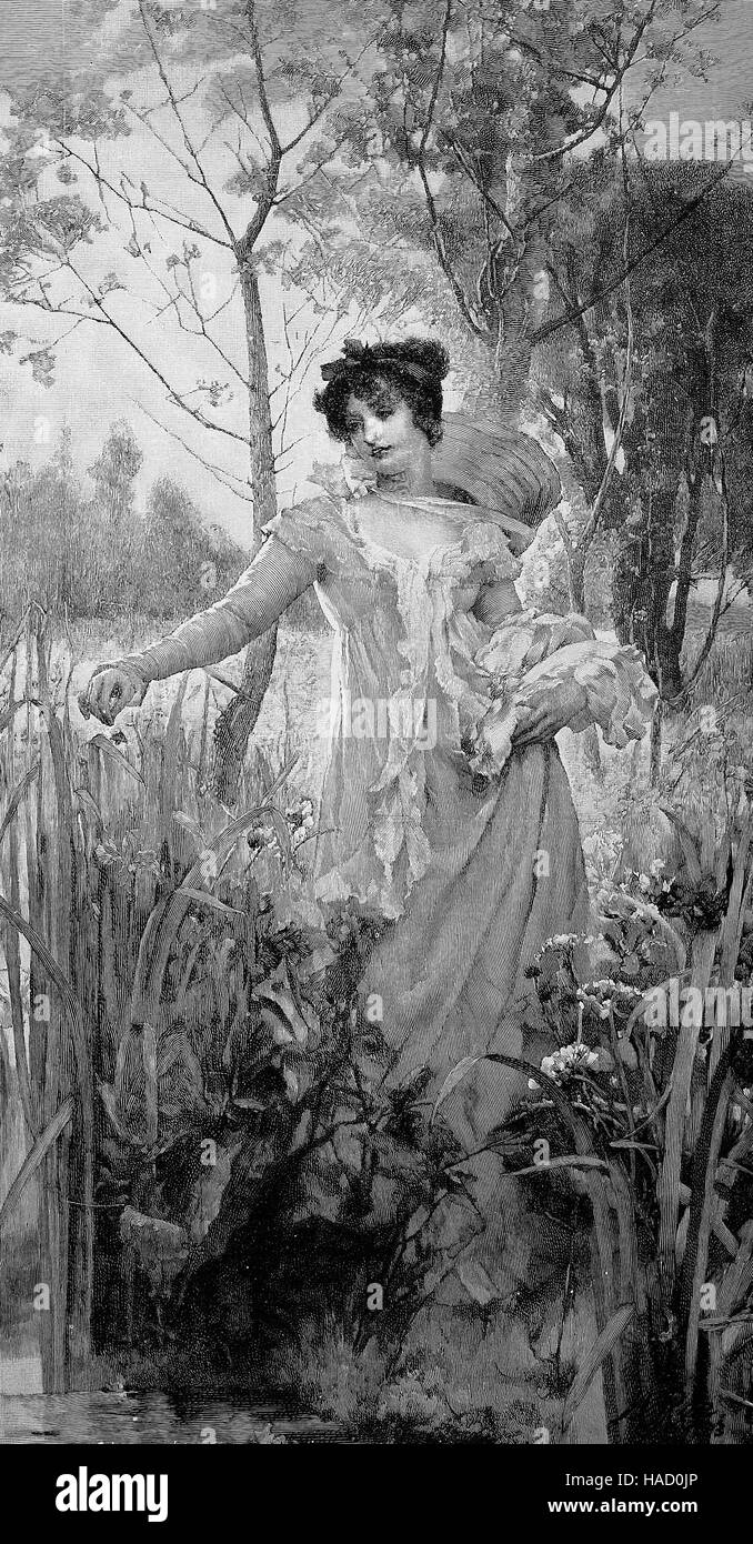 Flora, In Roman mythology, Flora was a Sabine-derived goddess of flowers and of the season of spring and a symbol for nature and flowers, illustration published in 1880 Stock Photo