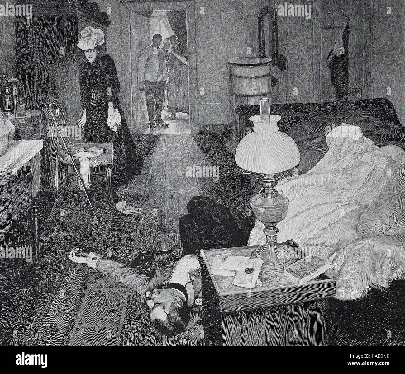 Suicide, young man has shot himself in his apartment, illustration published in 1880 Stock Photo