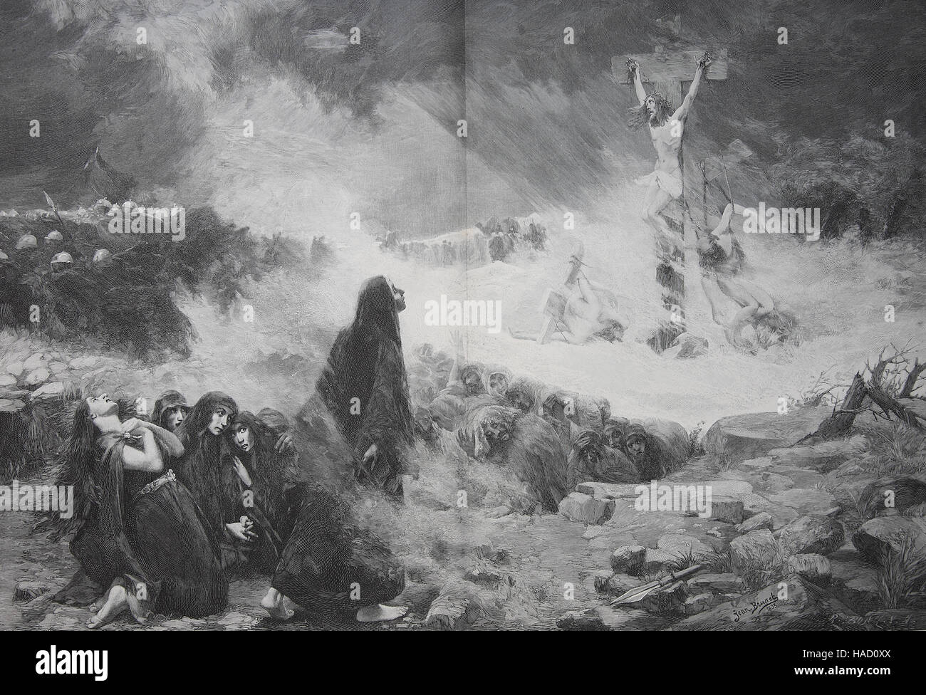 The last pain cry of Jesus Christ on the cross, by Jean Brunet, illustration published in 1880 Stock Photo