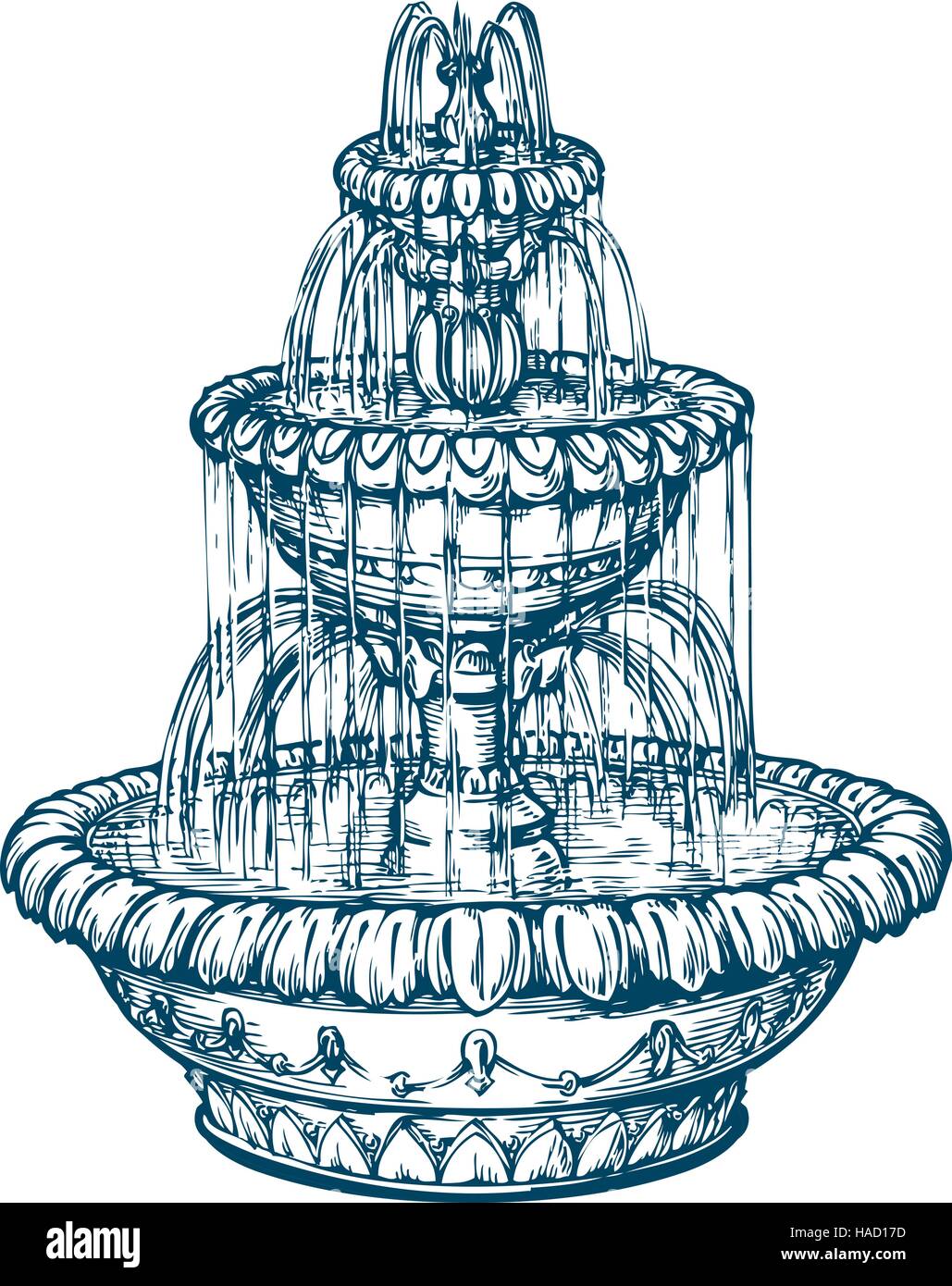 Beautiful outdoor marble fountain. Sketch vintage vector illustration Stock Vector