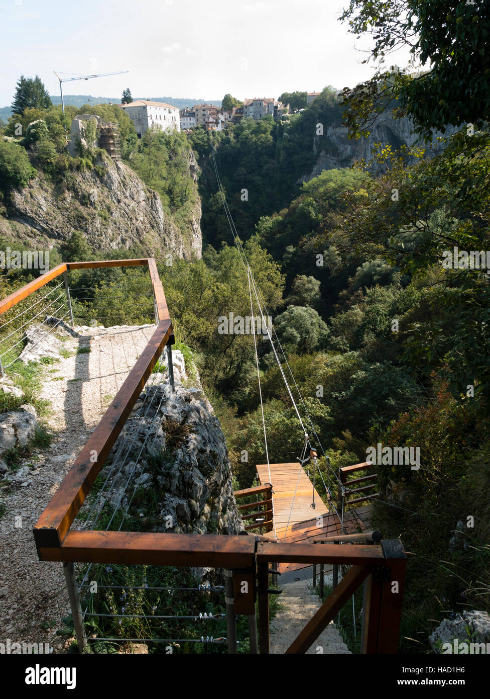 Zip wire across Pazin Gorge (Pazinska jama), Pazin, Istria, Republic of Croatia. Stock Photo