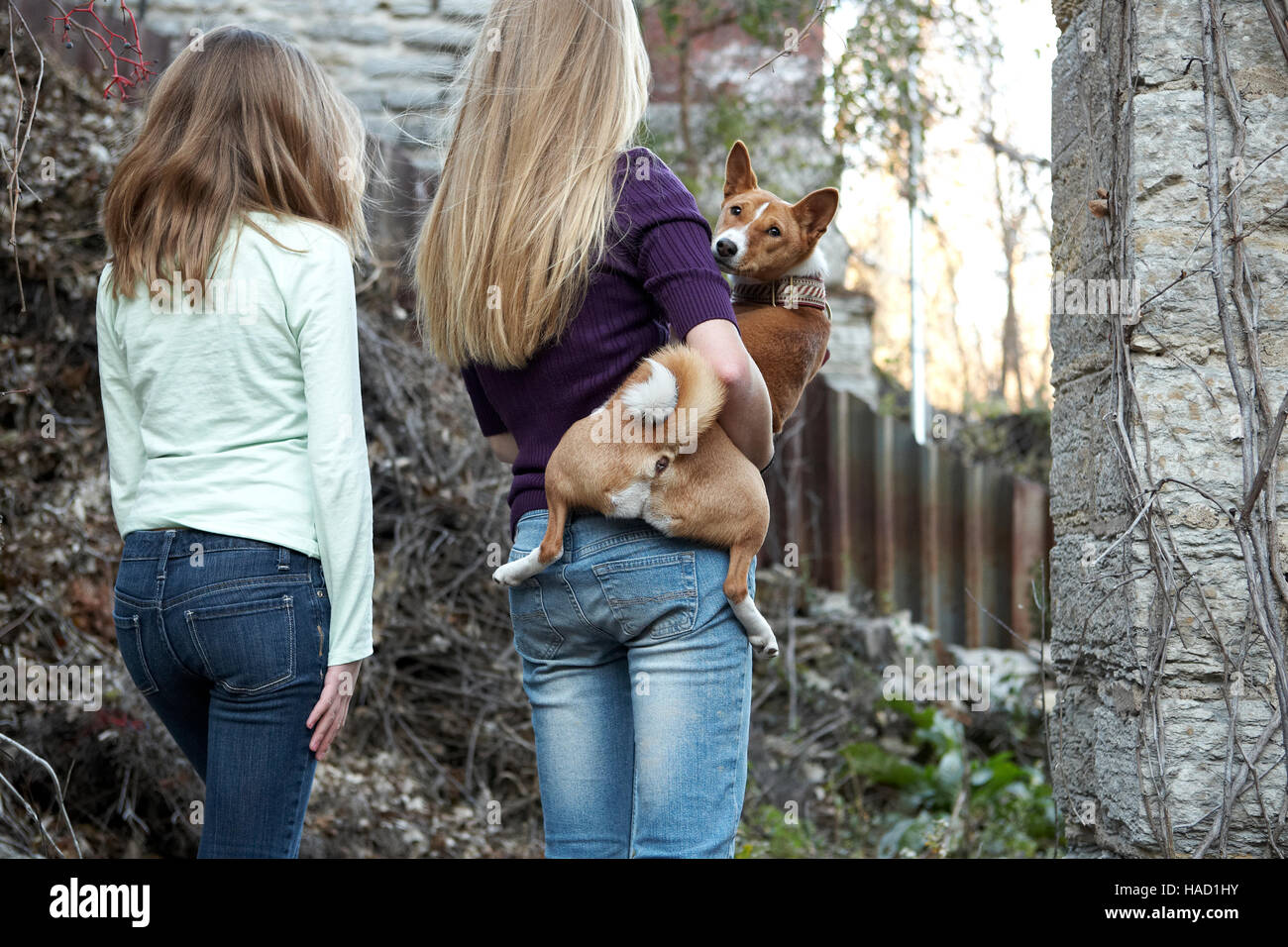 Sisters on adventure with Basenji dog Model releases Grace Anderson, Nadya Anderson, Property release, Basenji dog,  November 2009 Stock Photo