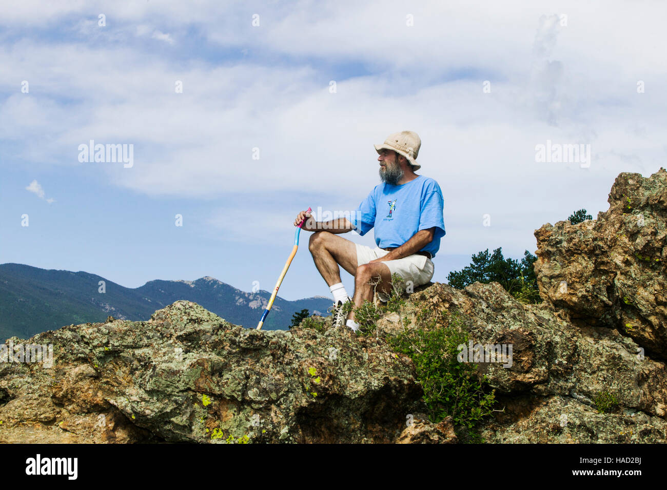 Portrait of middle aged man with the Colorado Rocky mountains beyond Stock Photo