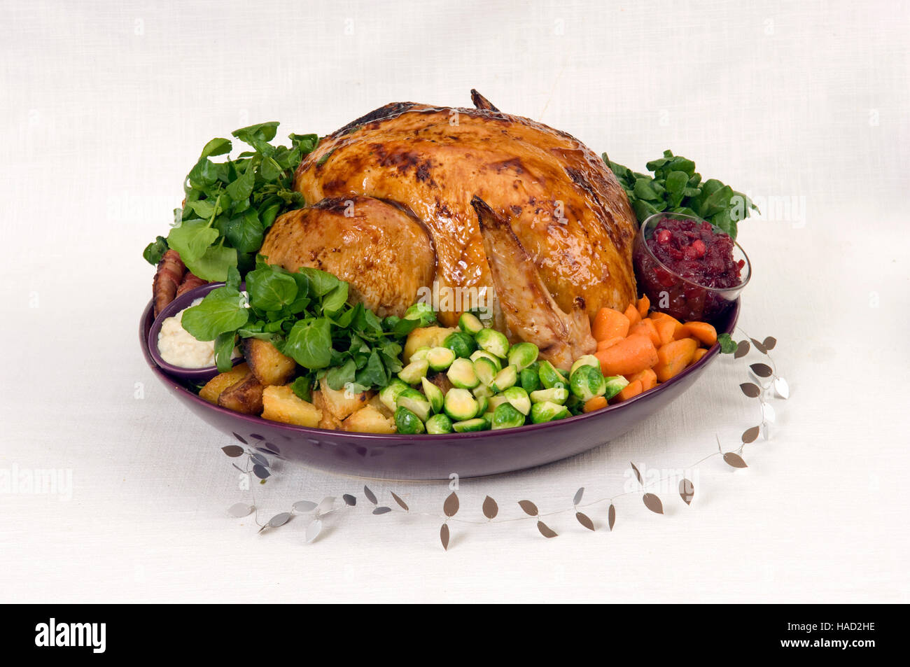 A roasted Christmas turkey complete with Brussels Sprouts, roast