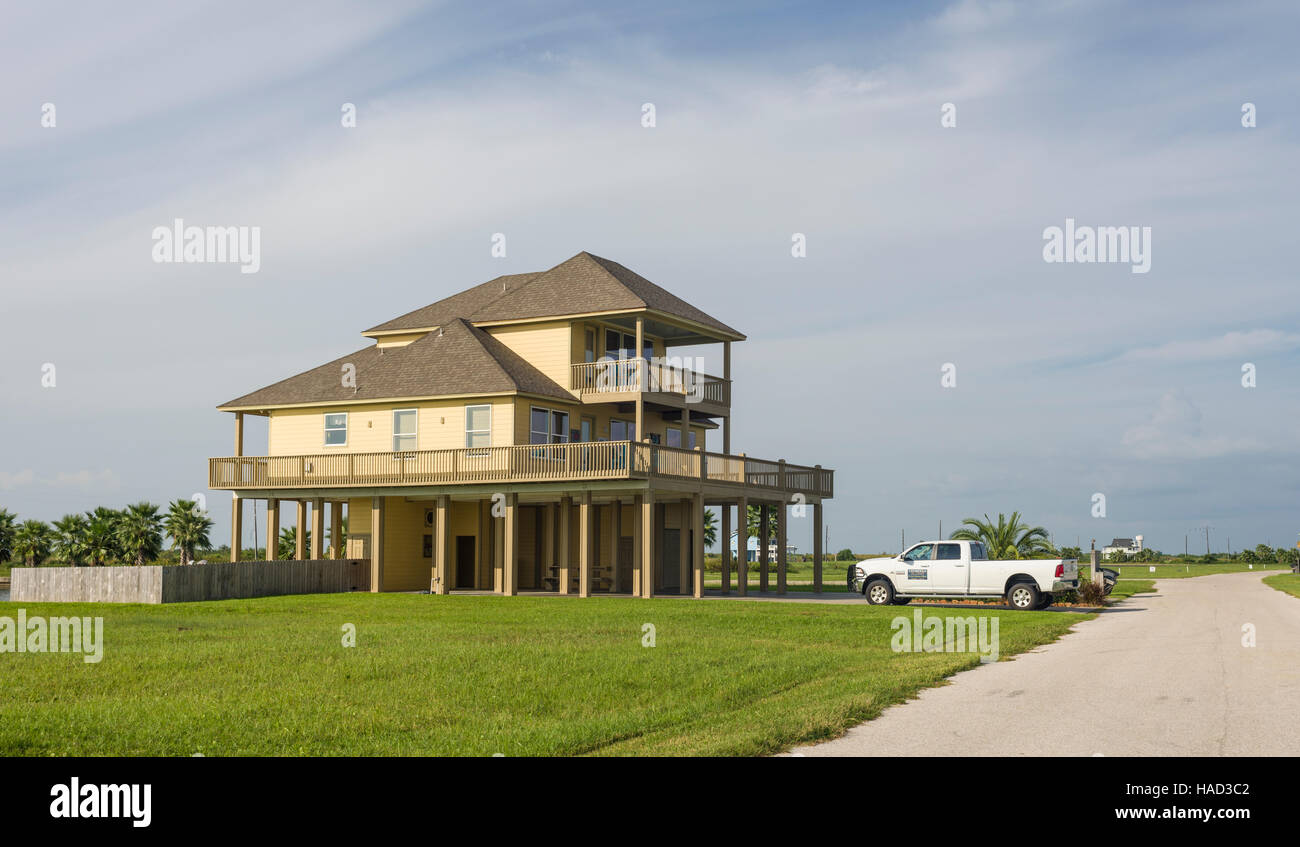 Stilt Houses and Beach, Bolivar Peninsula, TX. Crystal Beach is an