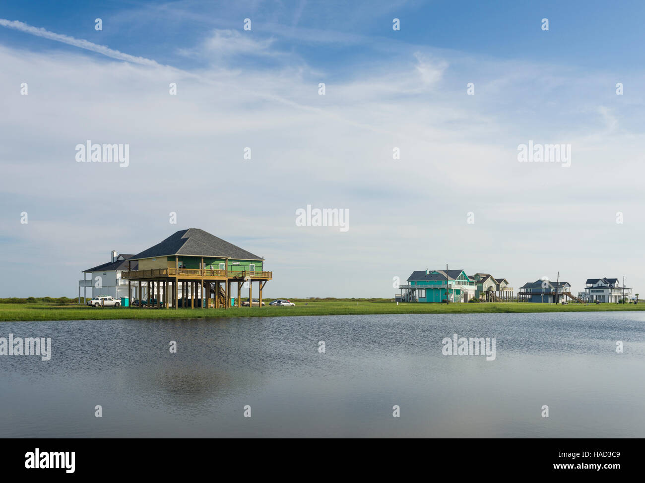 Stilt Houses and Beach, Bolivar Peninsula, TX. Crystal Beach is an