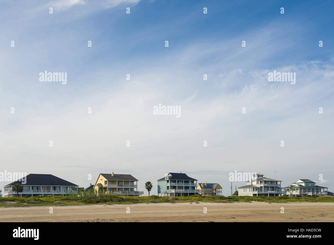 Stilt Houses and Beach, Bolivar Peninsula, TX. Crystal Beach is an