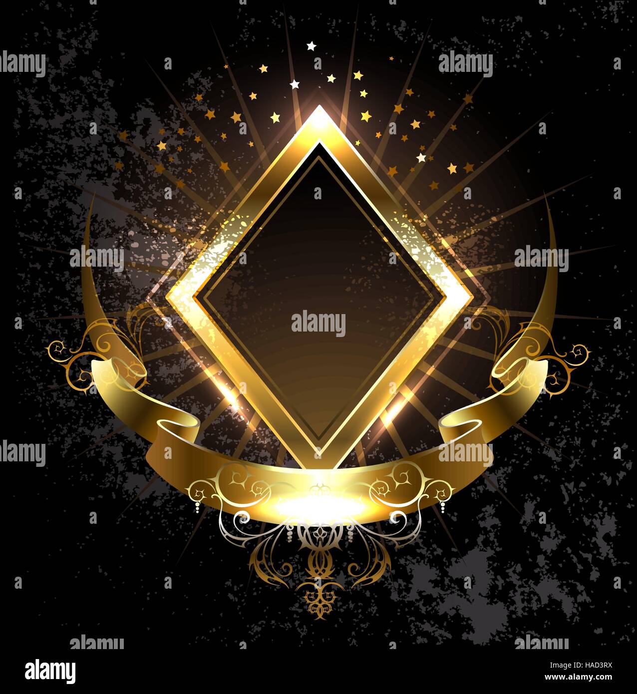 rhombus golden banner with gold ribbon on black background. Stock Vector