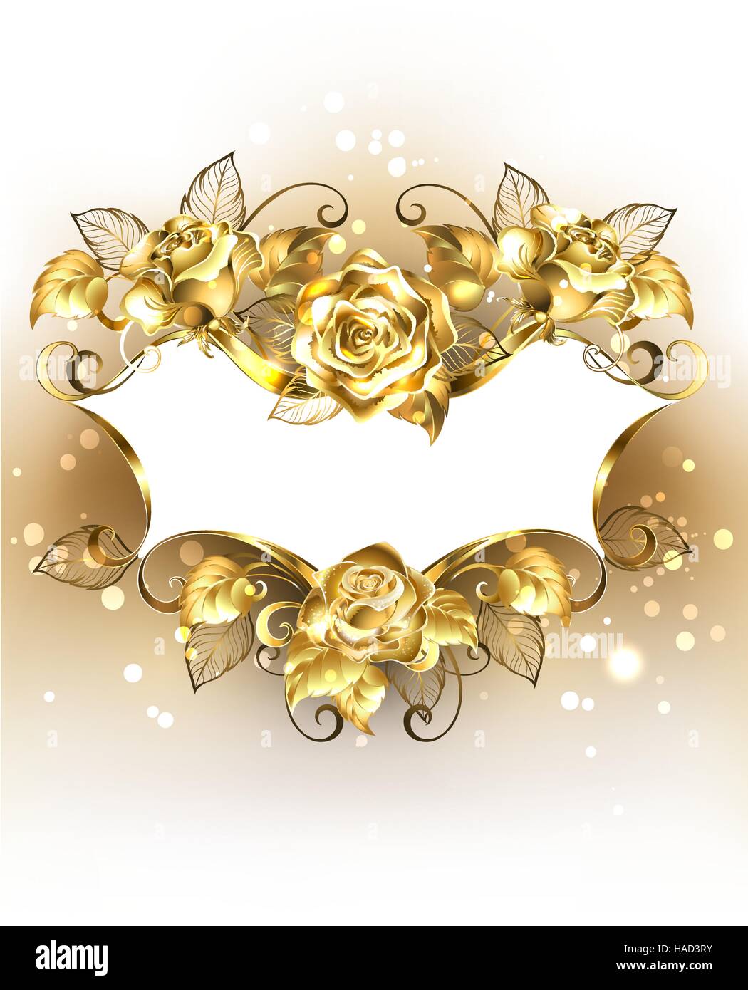 Gold Jewelry Banner Of Brocade With Gold Shining Roses On A Light