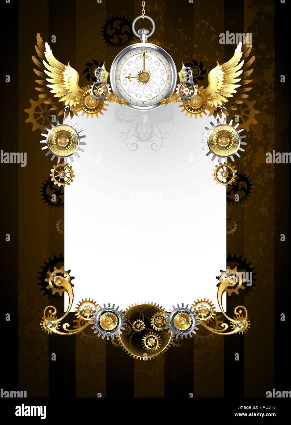White banner with silver jewelry watches, gold wings, gold and brass gears on a dark, brown, striped background. Steampunk style.  Steampunk wings Stock Vector