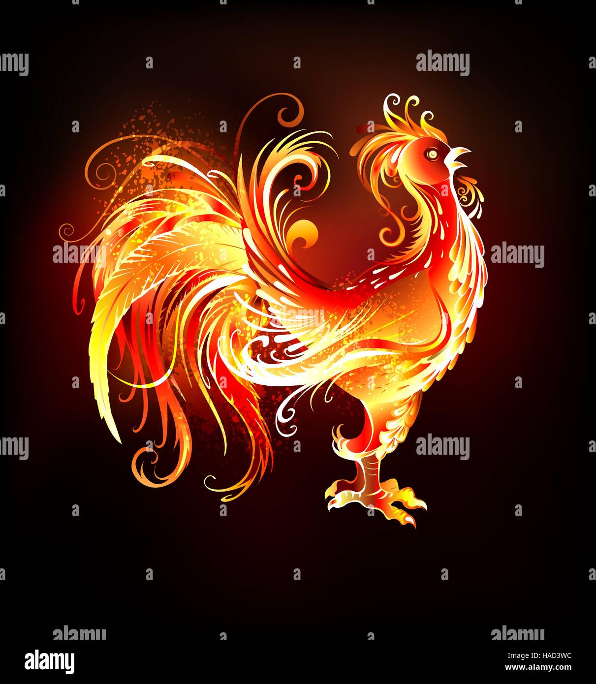 Artistically painted, bright fire rooster on a black background. Symbol ...