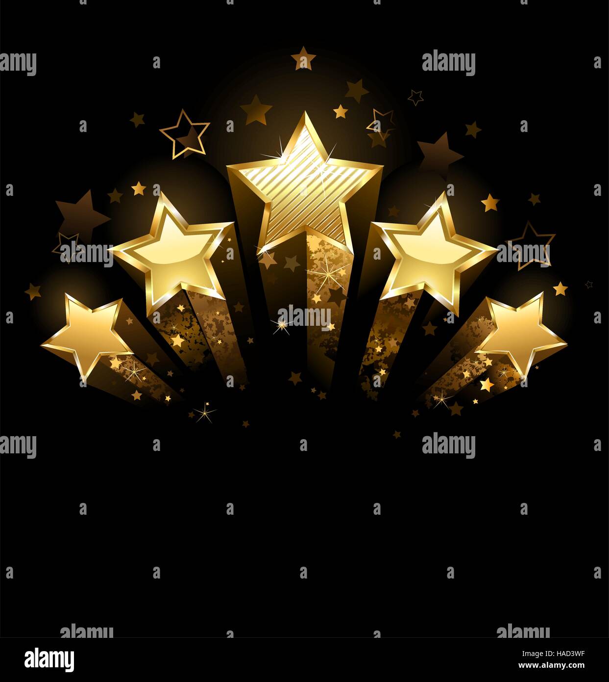 Five shining stars of gold foil on a black background. Stock Vector