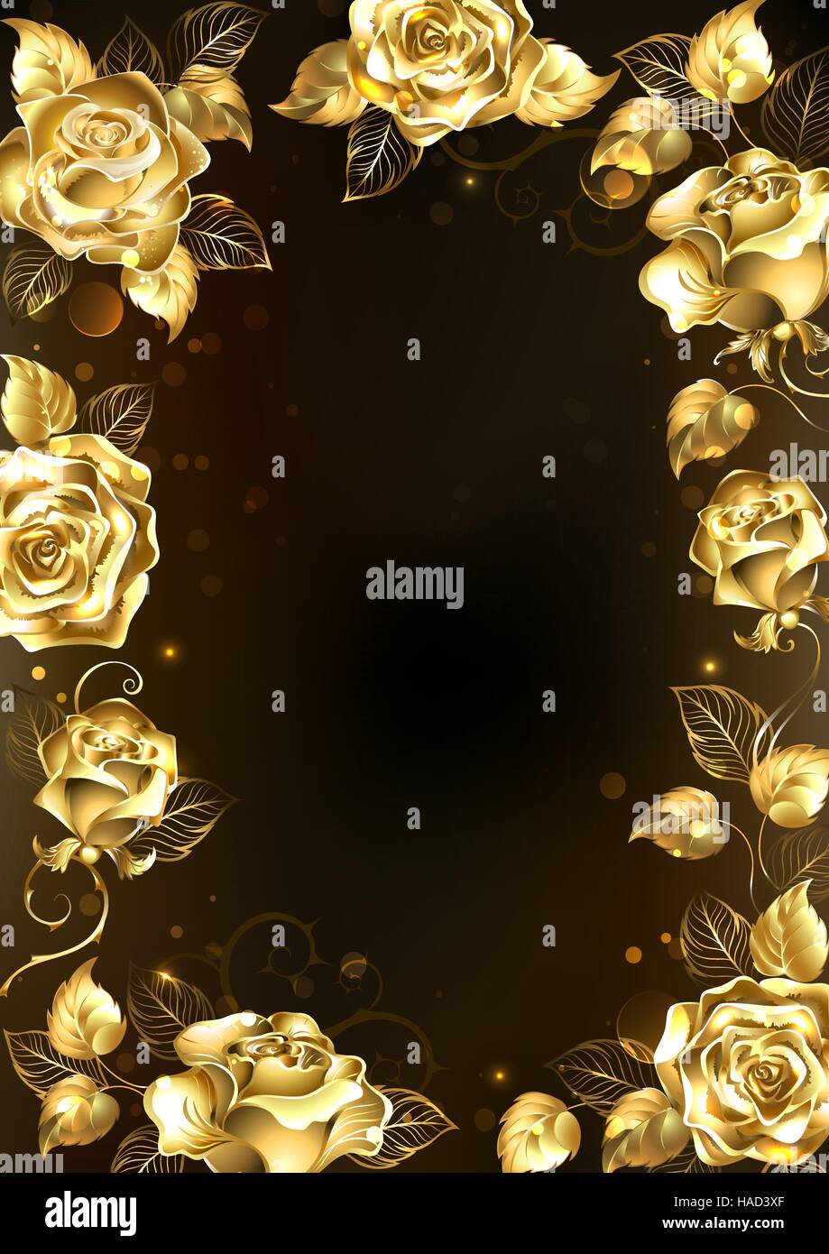 Frame with sparkling jewelry, gold roses on a black background. Gold