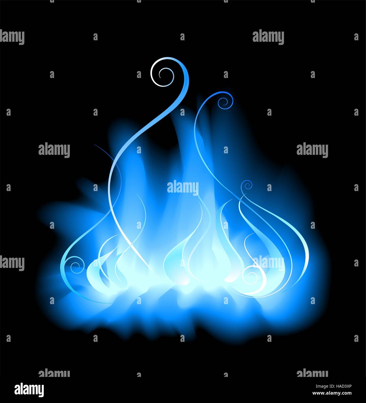 stylized, blue, gas flame on a black background. Stock Vector