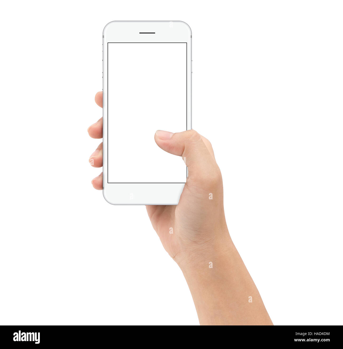 hand holding smart phone on white background clipphing path inside, mock-up phone white screen Stock Photo