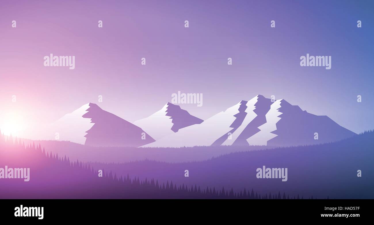 Sunrise in the mountain chain and forest. Vector landscape illustration. Elements are layered separately in vector file. Stock Vector