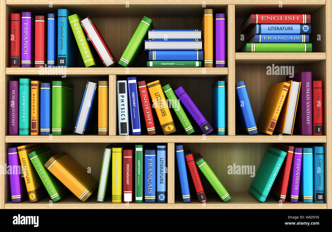 bookshelf and many books. 3d illustration Stock Photo Alamy
