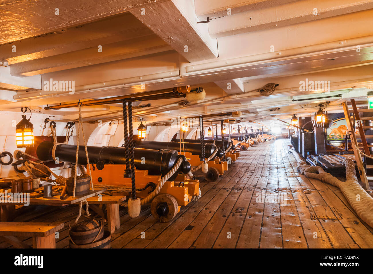 England, Hampshire, Portsmouth, Portsmouth Historic Dockyard, H.M.S. Victory, Gun Deck Stock Photo