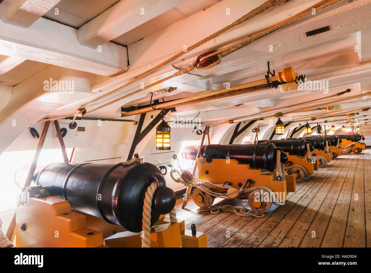 England, Hampshire, Portsmouth, Portsmouth Historic Dockyard, H.M.S. Victory, Gun Deck Stock Photo