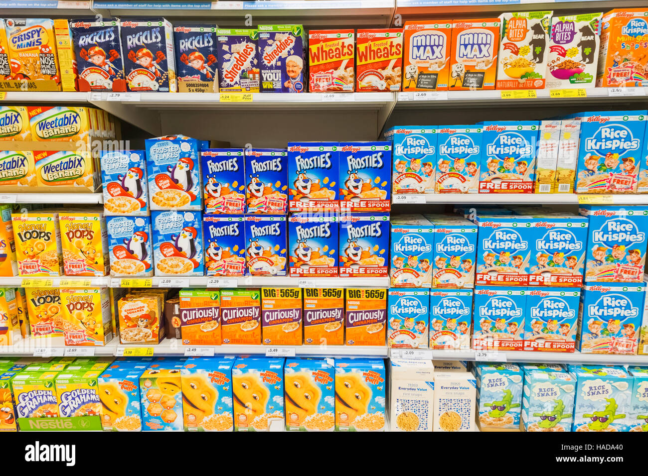 England, London, Supermarket Display of Cereal Packets Stock Photo Alamy