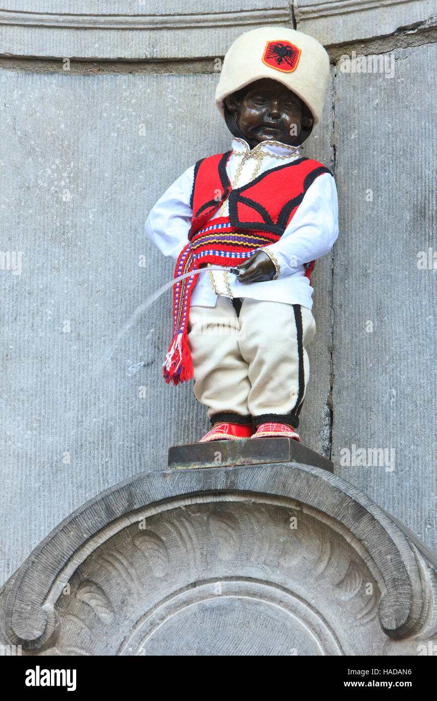 Manneken Pis dressed in the national costume of Albania in Brussels, Belgium Stock Photo