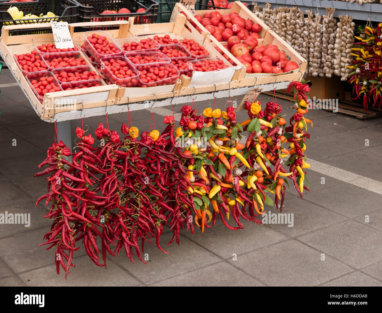 Chillies and tomatoes for sale, Rovinj, Istria, Republic of Croatia. Stock Photo